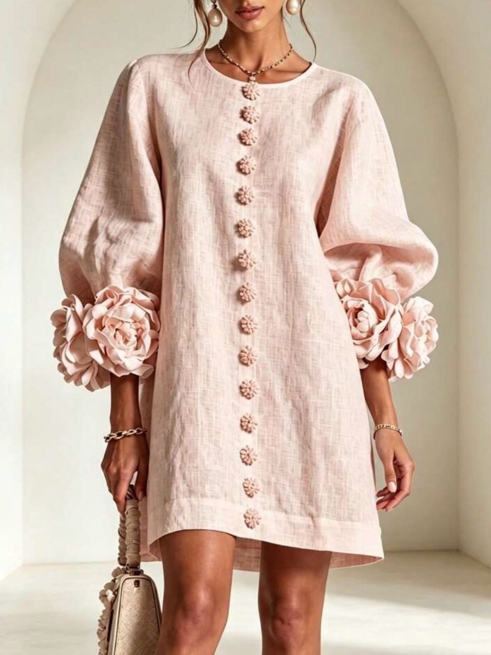 Elegant Pink Floral-Sleeve Linen Dress
